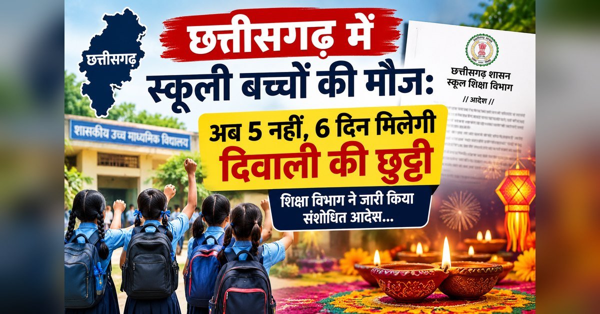 छत्तीसगढ़ में स्कूली बच्चों की मौज: अब 5 नहीं, 6 दिन मिलेगी दिवाली की छुट्टी; शिक्षा विभाग ने जारी किया संशोधित आदेश..